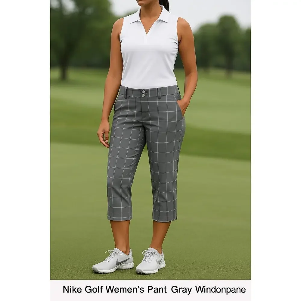 Nike Golf Pants Size 8 Gray Windowpane Plaid Dri-Fit Cropped Capris Activewear